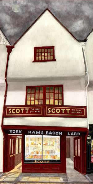 ONE OF YORK'S FINEST, SCOTTS BUTCHERS, PETERGATE painted by DAVID APPLEYARD