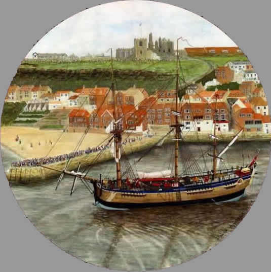 ENDEAVOUR LEAVING WHITBY HARBOUR painted by DAVID APPLEYARD